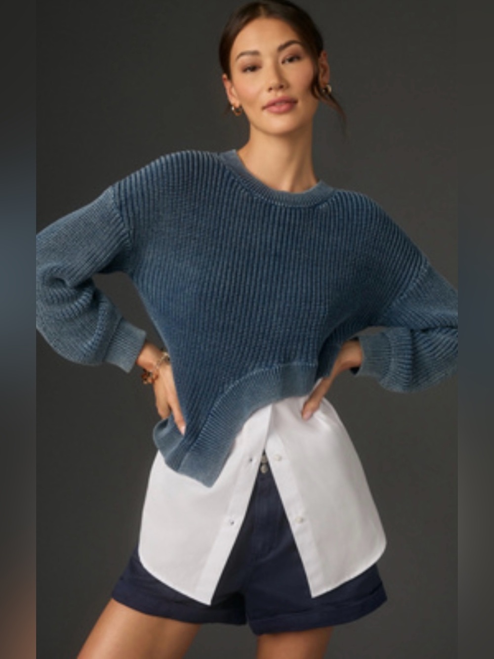 Anthropologie Pilcro Assymmetrical Twofer Crewneck Sweater In Blue/White Size XS